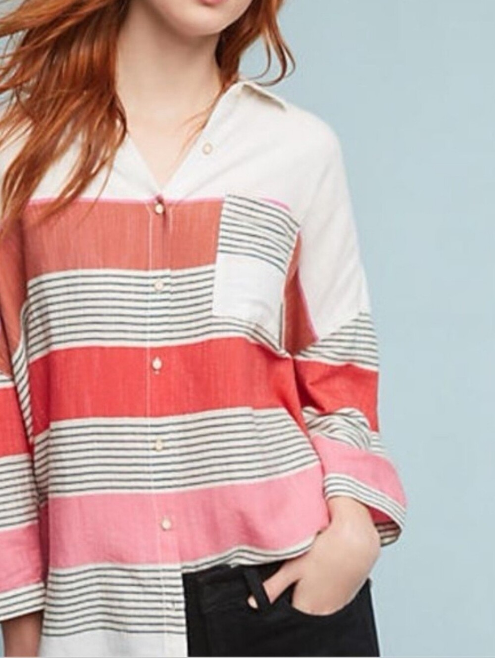 HOLDING HORSES Anthropologie Monroe Colorblock Striped Button-Down Shirt Size M - Picture 8 of 9